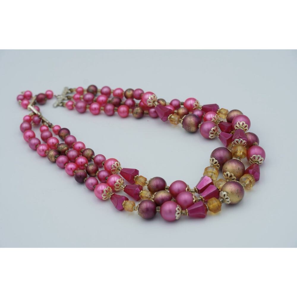 Vintage Signed Japan Pink Plastic Bead Necklace Mid Century Statement